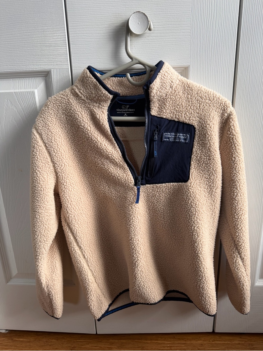 Vineyard Vines boy’s Cream Sherpa Half-Zip Pullover with Navy Pocket